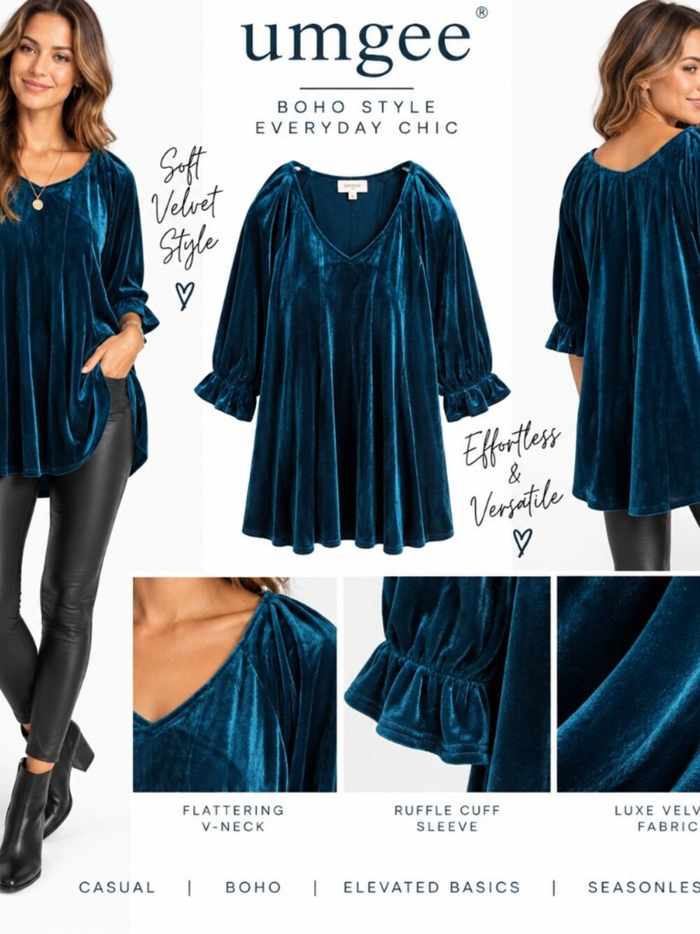 Umgee Teal Velvet Babydoll Top 3/4 Sleeve Swing Blouse Boho Flowy Tunic Sz M